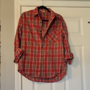 Casual Red Plaid Shirt with Pocket